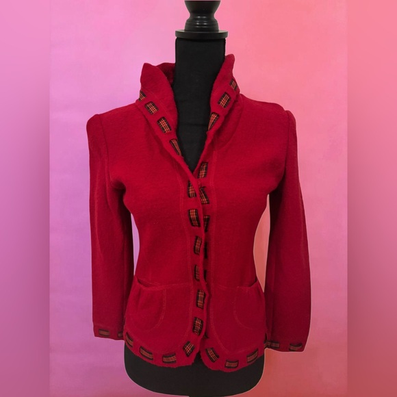 Coldwater Creek Sweaters - Vintage 90s Y2K Red Wool Button-Up Jacket Cardigan w/ Black Plaid Trim - XS